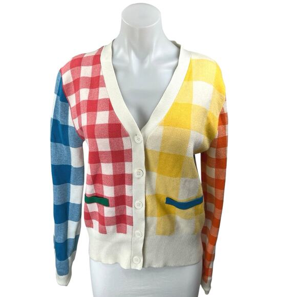 English Factory Multicolor Gingham Check Colorblock Cardigan Sweater Top Sz S - Picture 1 of 5